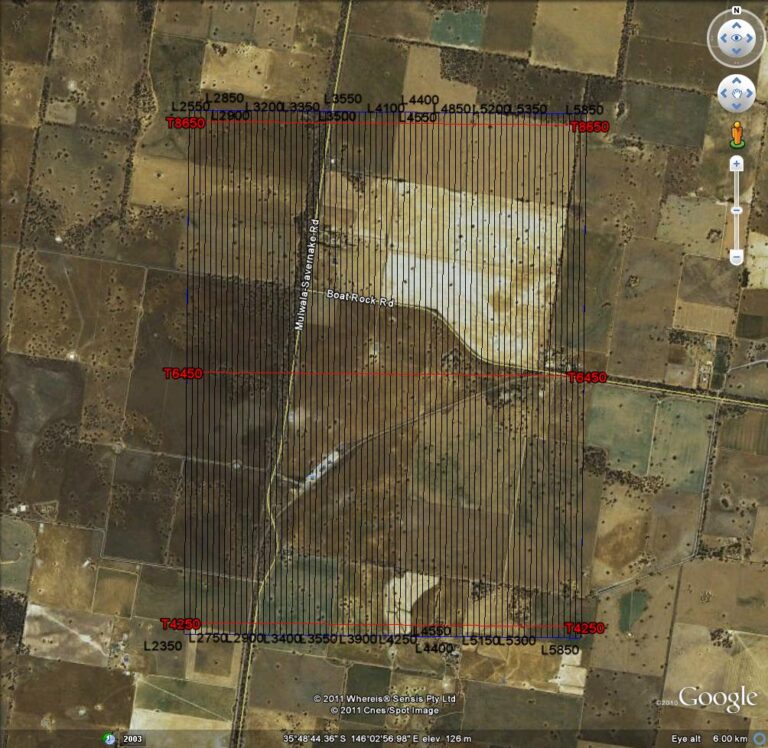 Google Earth screenshot showing planned survey lines over the project area